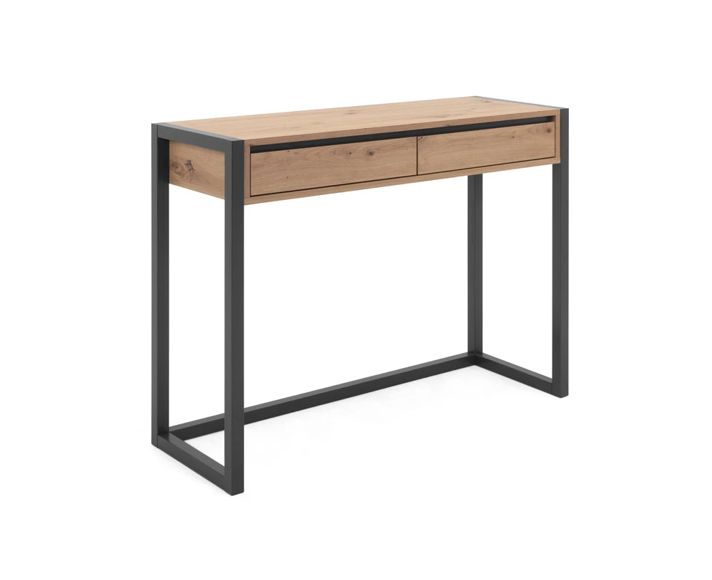 Kodu Jasper Console Table Side Table Industrial Hallway Entry Table 2 Drawers woodgrain and black