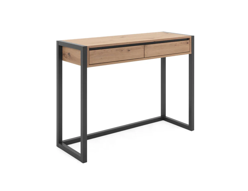 Kodu Jasper Console Table Side Table Industrial Hallway Entry Table 2 Drawers woodgrain and black