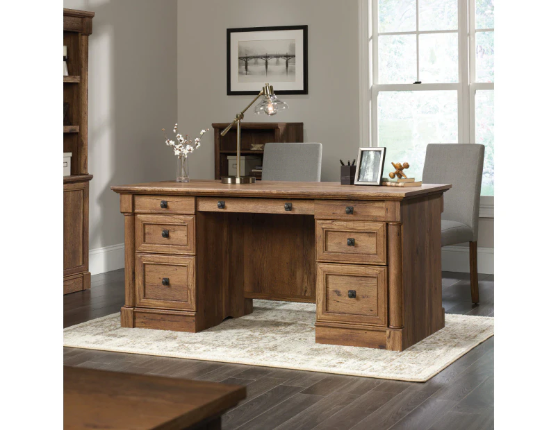 Sauder Palladia Executive Desk Office Computer Table Storage Drawers Filing Oak woodgrain