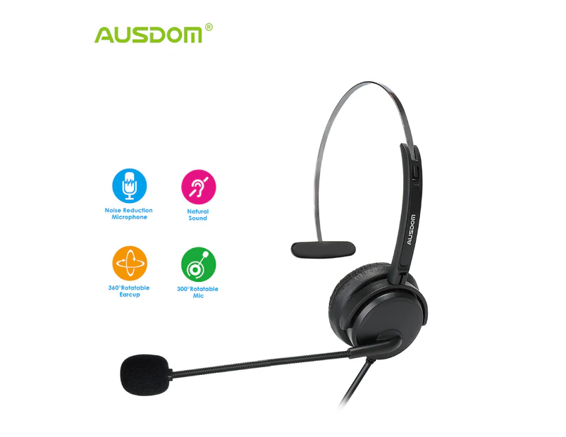 AUSDOM BH01 Business Headset with Noise Cancelling Mic, 3.5mm Single-Sided Cell Phone Headset with Volume Control