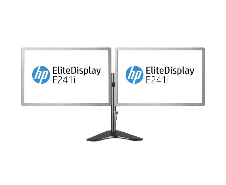 Dual HP EliteDisplay E241i 24-in FHD Monitor + articulating dual display mount | Refurbished - Refurbished Grade A