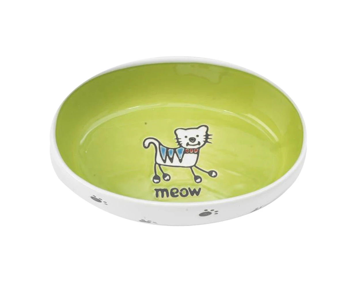 Petrageous Silly Kitty Ceramic Cat Bowl Oval Lime 16cm