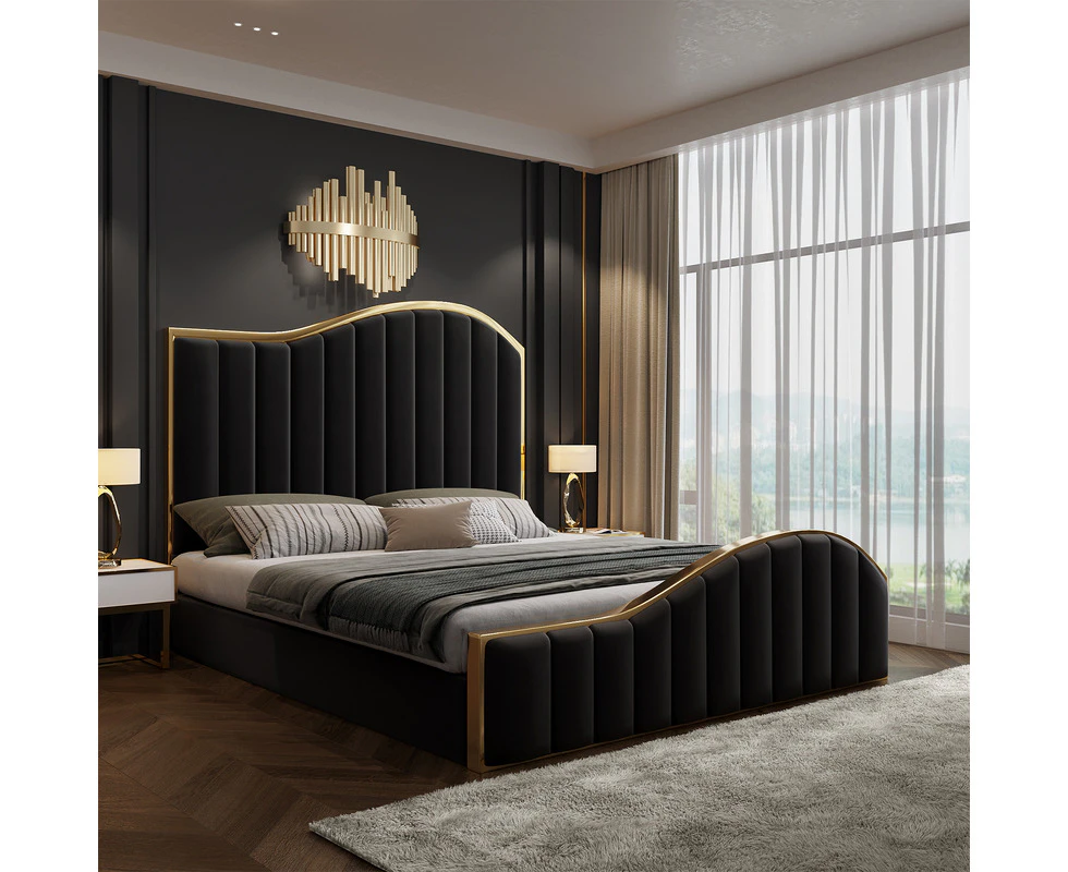 Royal Sleep Stella Queen Bed Frame Velvet Solid Wooden Base Platform Black Gold