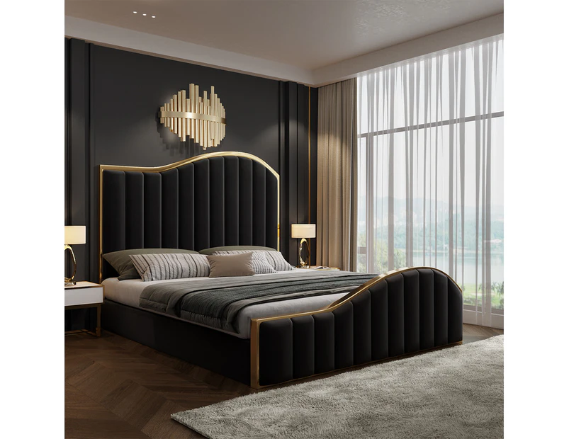Royal Sleep Stella Queen Bed Frame Velvet Solid Wooden Base Platform Black Gold - Carbon Black