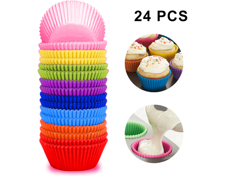 24 silicone coasters, reusable baking cups cake cups-(orange sky blue navy blue pink green red purple yellow) 7cm