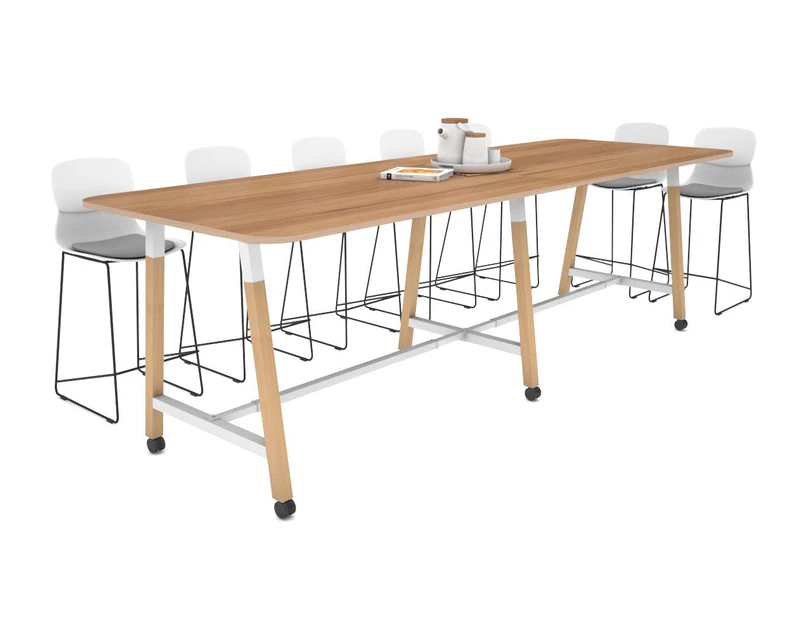Quadro A Leg Counter Table with Radius Corners - Wood Leg Cross Beam [3200L x 1100W] - white leg, salvage oak, wheels