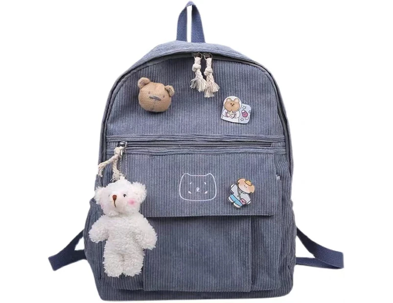 Blue Tool Bag, Kawaii Corduroy Backpack with Cute Bear Pendant Vintage Bag for Girl Student School Bag Satchel Laptop Bag