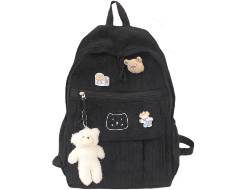 Black Tool Bag, Kawaii Corduroy Backpack with Cute Bear Pendant Vintage Bag for Girl Student School Bag Satchel Laptop Bag