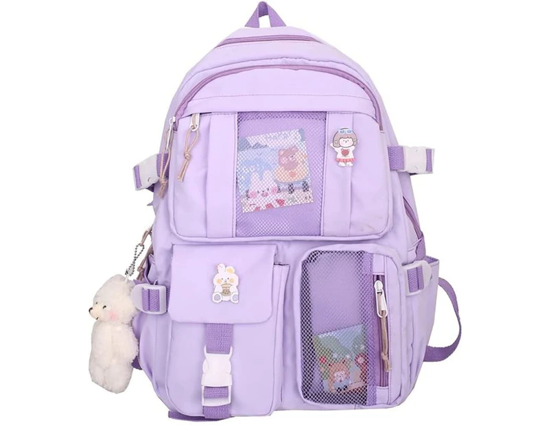 Tool Bag Kawaii Purple Backpack with Bear Pendant Aesthetic Canvas Shoulder Bag for Students Crossbody Bag Casual Back to School Backpack