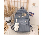 Blue Tool Bag, Kawaii Corduroy Backpack with Cute Bear Pendant Vintage Bag for Girl Student School Bag Satchel Laptop Bag