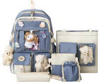 Tool Bag Blue Kawaii Aesthetic School Backpack 5Pcs Combo Set with Cute Bear Pendant Pins Daypack Small Laptop Schoolbag Essential Kit