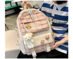 Tool Bag Preppy Pink School Backpack with Lunch Box, 5 Piece Cute Canvas Backpack Set, Plaid Aesthetic Laptop Bag, with Cute Pendant