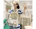 Tool Bag Preppy Khaki School Backpack with Lunch Box, 5 Piece Cute Canvas Backpack Set, Plaid Aesthetic Laptop Bag, with Cute Pendant