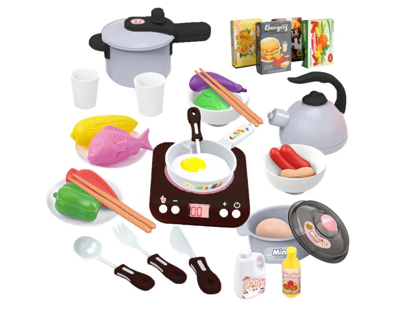 1 Set Intellectual Development DIY Tools Dollhouse Kitchen Toys Kids Kitchen Play Set with Induction Cook Top Pressure Pot Cooking Supplies-Black