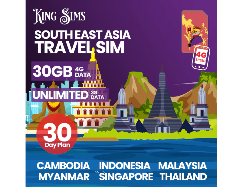 South East Asia Unlimited Data Travel Sim Card - 30GB of Fast 4G Data - 30 Day Plan