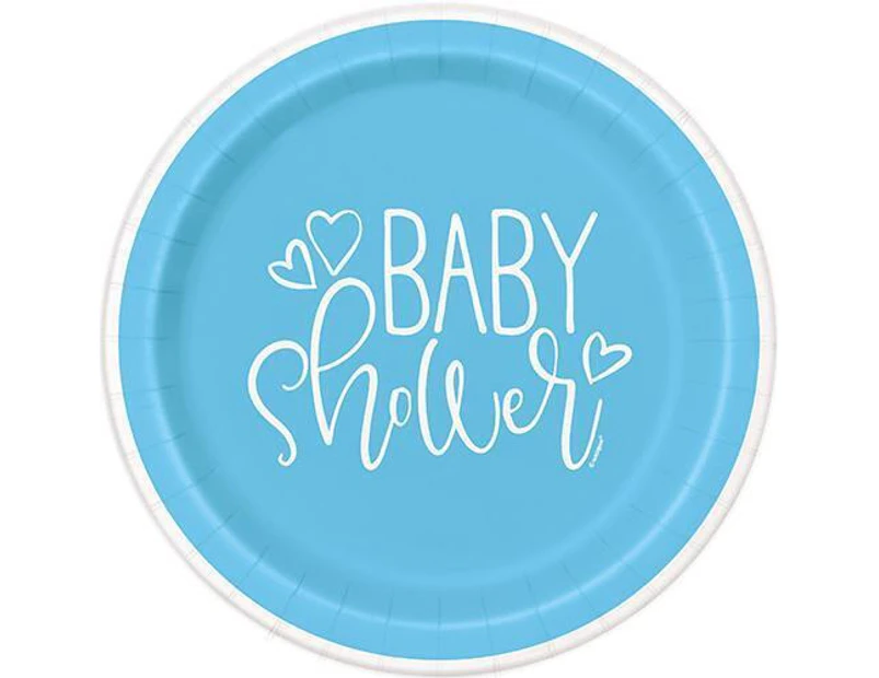 Baby Shower Blue Hearts Paper Plates 23cm 8 Pack