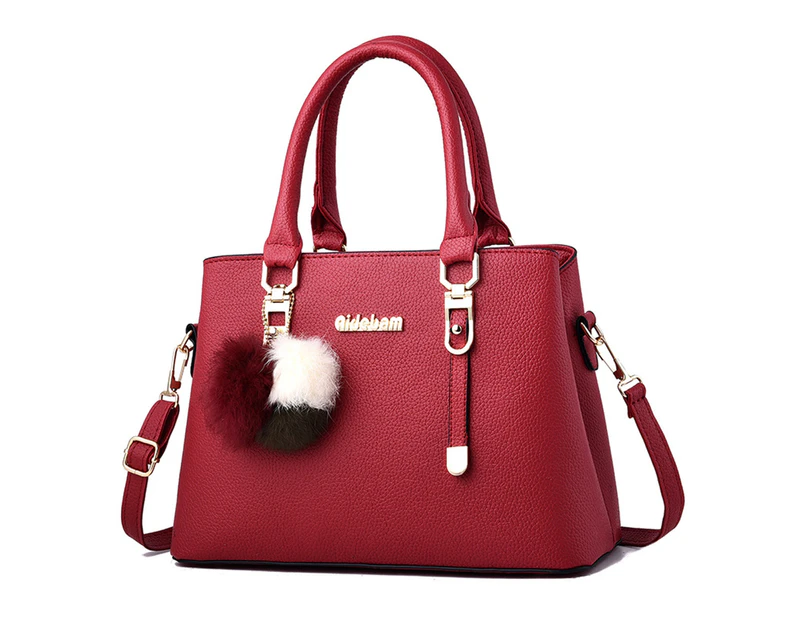 Crossbody Bag Smooth Zipper Large Capacity Faux Leather Portable Plush Ball Shoulder Bag for Party Gathering Wedding Banquet-Wine Red