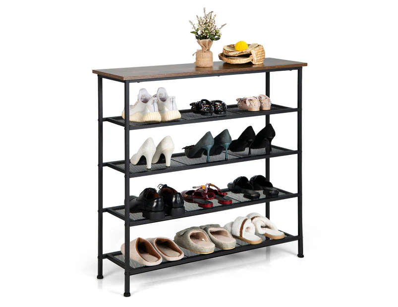 Giantex 5-Tier Industrial Shoe Rack Shoe Organizer w/Wooden Top & Mesh Shelves Freestanding Storage Rack for Entryway Living Room