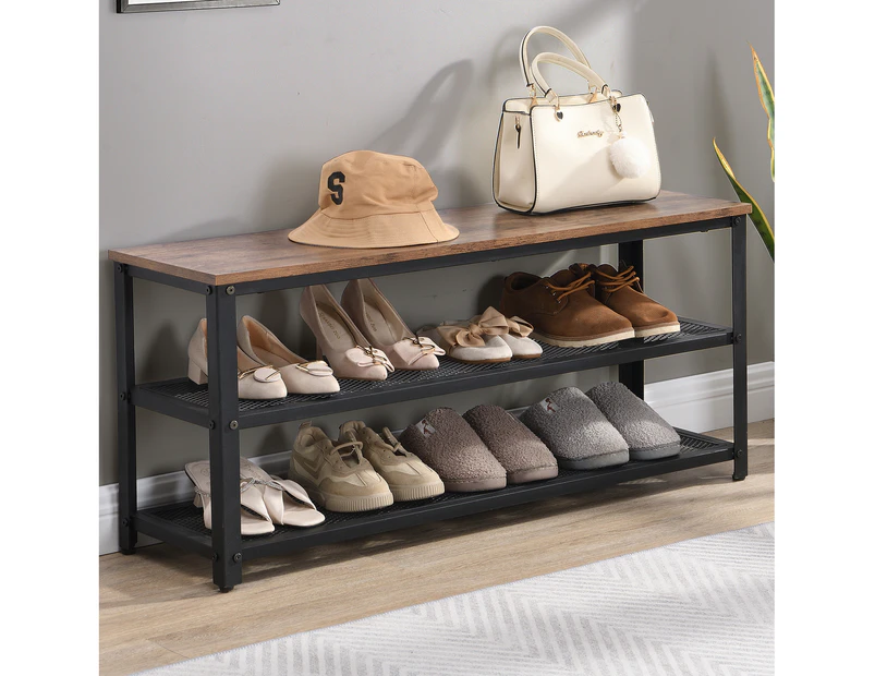 HOMFURN 3-Tier Shoe Bench with Storage, Entryway Shoe Rack with Mesh Shelves Wood Seat,Rustic Brown