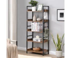 HOMFURN 5 Tier Industrial Wood Bookshelf and Bookcase with 4 Hooks, Big Storage Rack with Open Shelves, Free Standing Metal Frame Display Rack, Brown