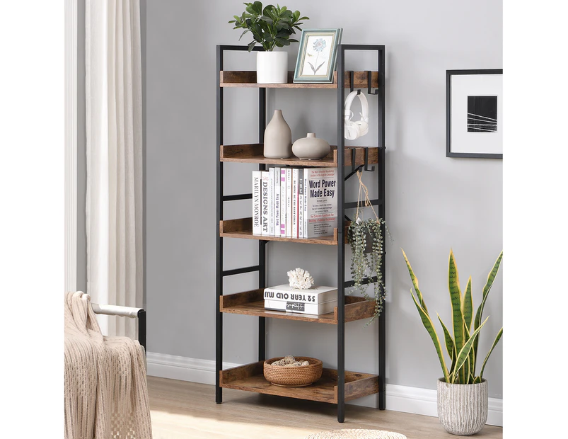 HOMFURN 5 Tier Industrial Wood Bookshelf and Bookcase with 4 Hooks, Big Storage Rack with Open Shelves, Free Standing Metal Frame Display Rack, Brown