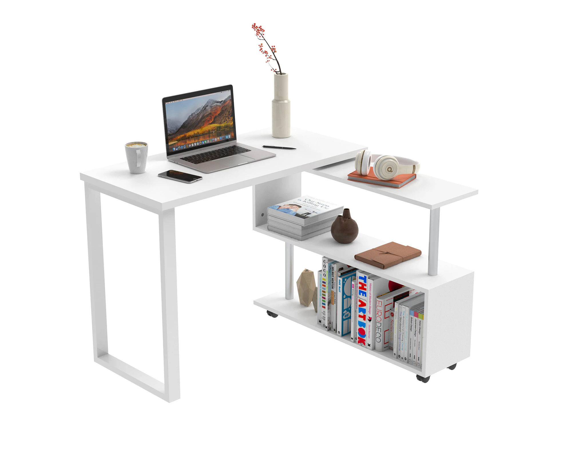 Office Desk 360° Rotating Corner Desks Computer Workstation Combo Shelf Storage Space Saving White