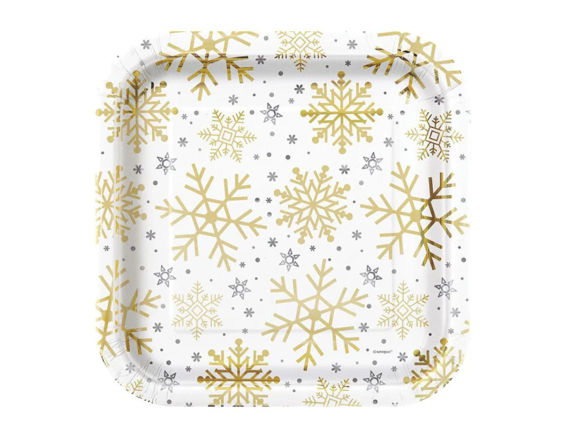 Silver & Gold Holiday Snowflakes Foil Stamped Square Paper Plates 23cm 8 Pack