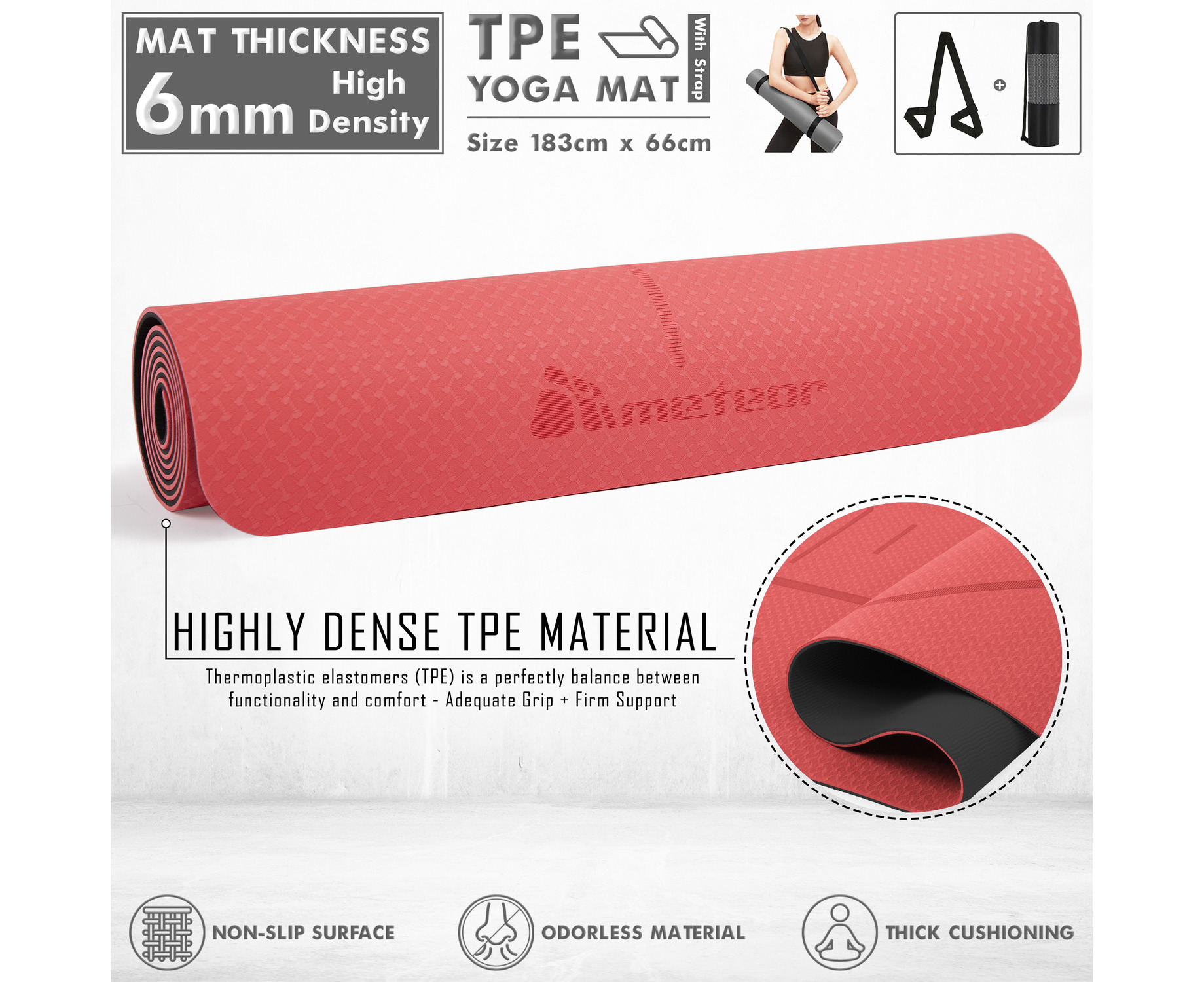 Meteor 6mm Dual-Tone TPE Yoga Mat with Alignment Lines,183x65cm Extra Thick