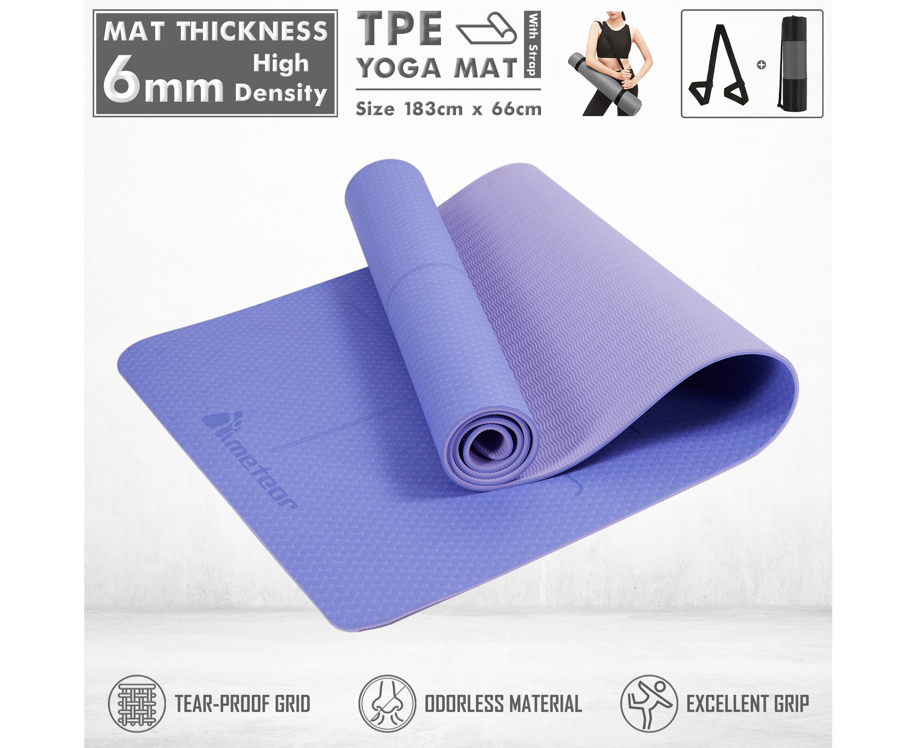 Meteor 6mm Dual-Tone TPE Yoga Mat with Alignment Lines,183x65cm