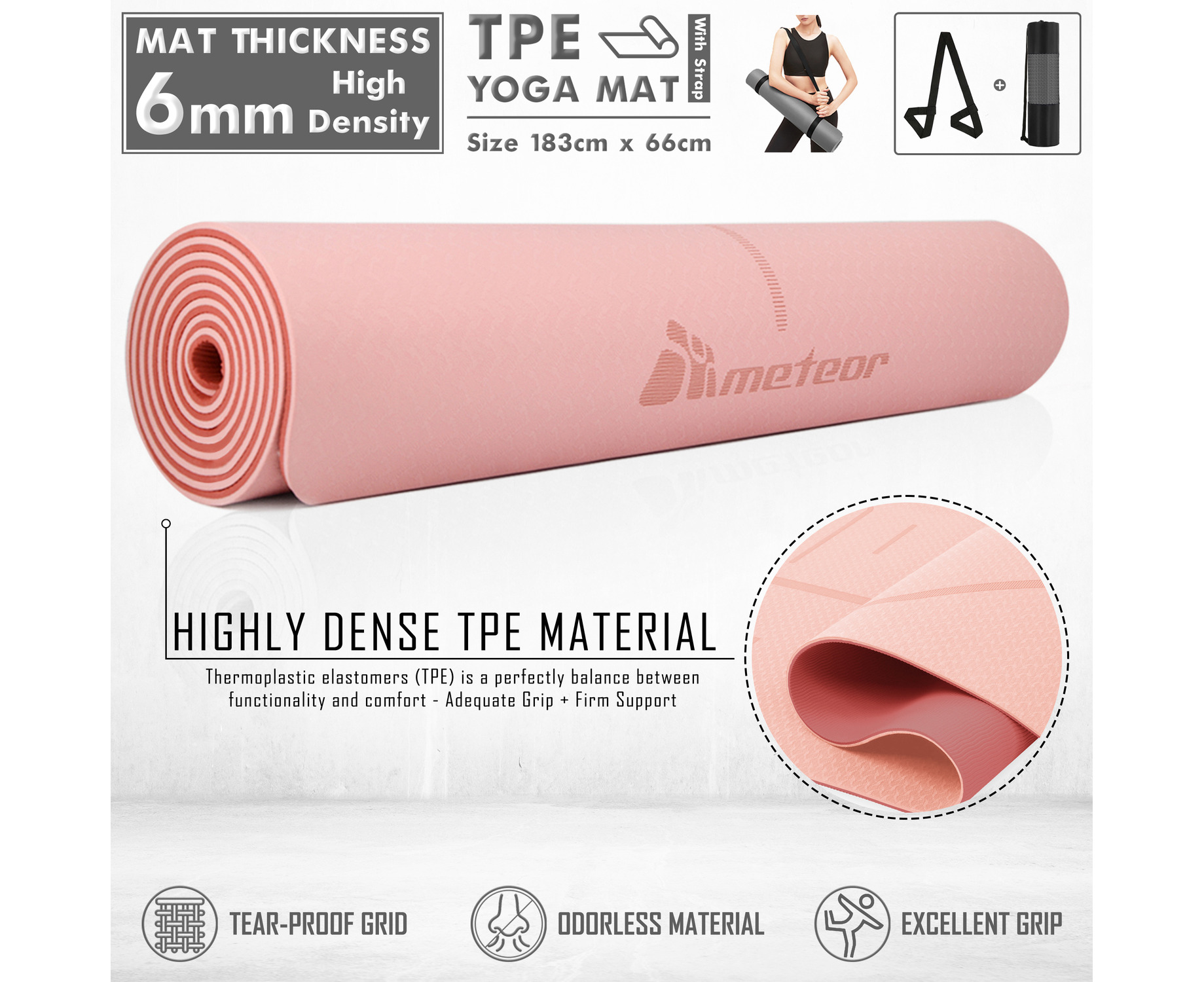 Meteor 6mm Dual-Tone TPE Yoga Mat with Alignment Lines,183x65cm