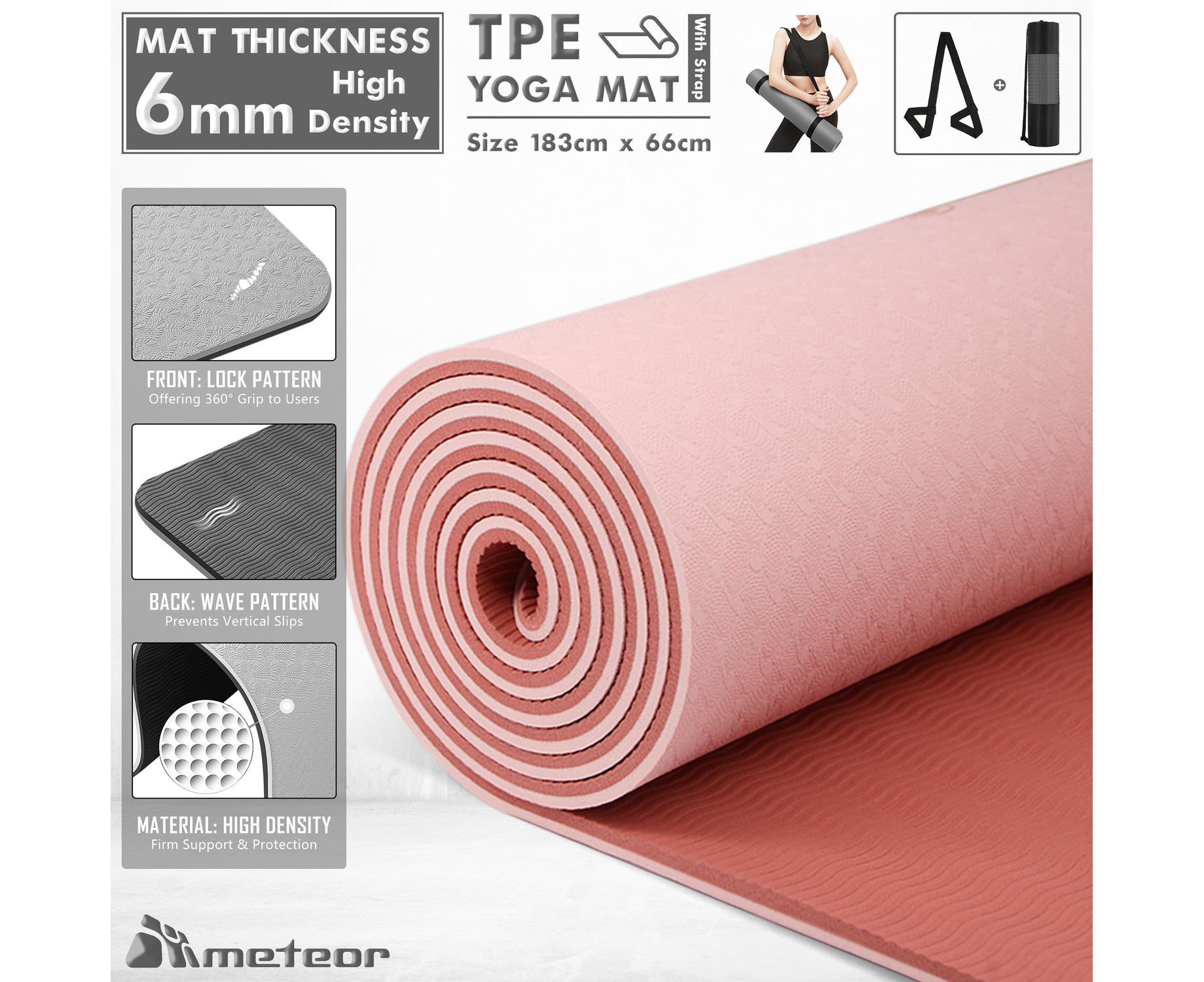 Meteor 6mm Dual-Tone TPE Yoga Mat with Alignment Lines,183x65cm