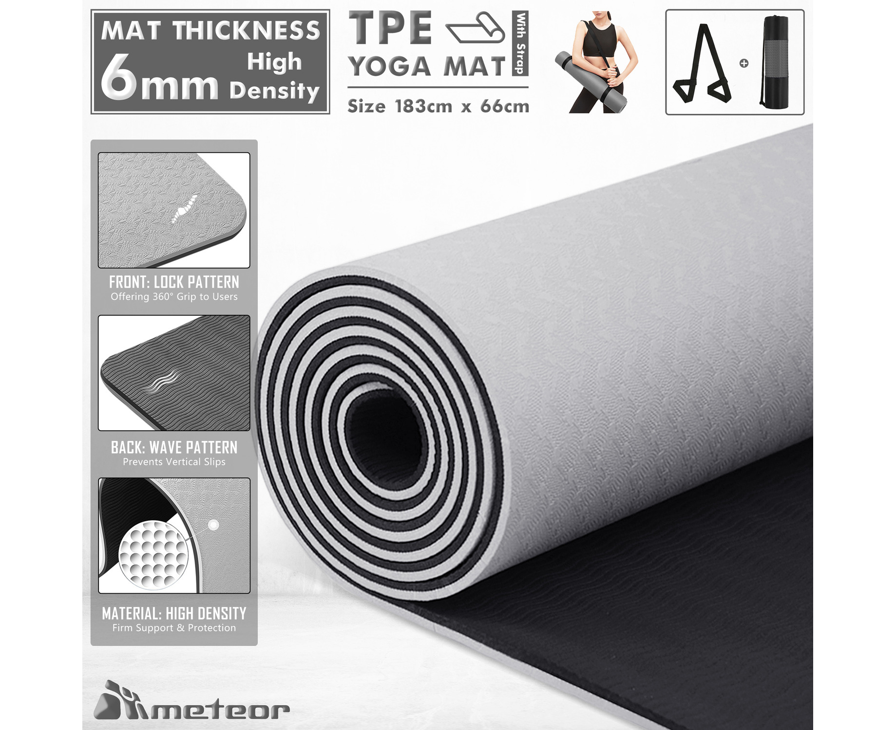 Meteor 6mm Dual-Tone TPE Yoga Mat with Alignment Lines,183x65cm Extra Thick