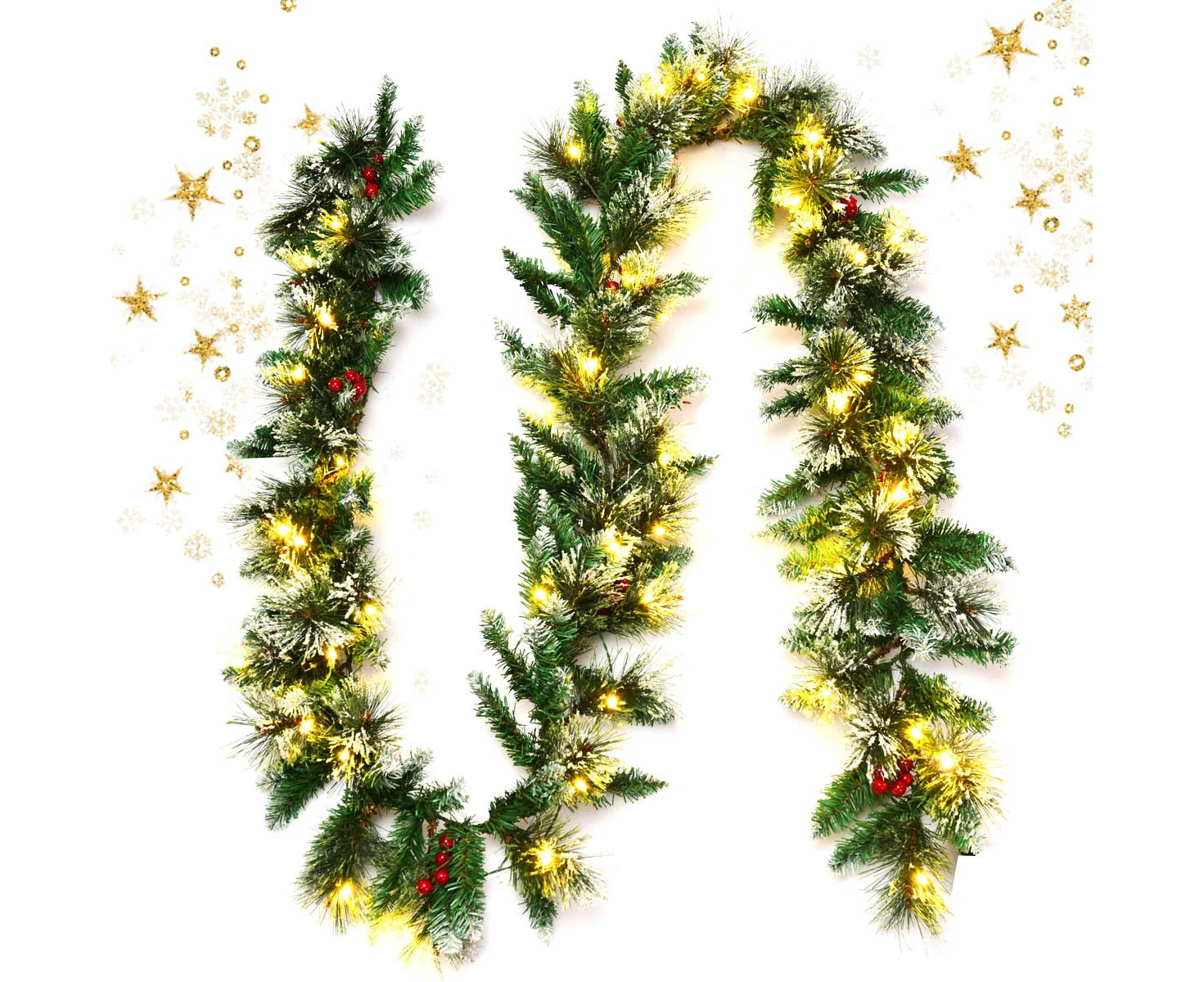 Costway 2.7M Christmas Garland LED Xmas Wreath Party Wall Decoration w/Timer Pine Needles Red Berries