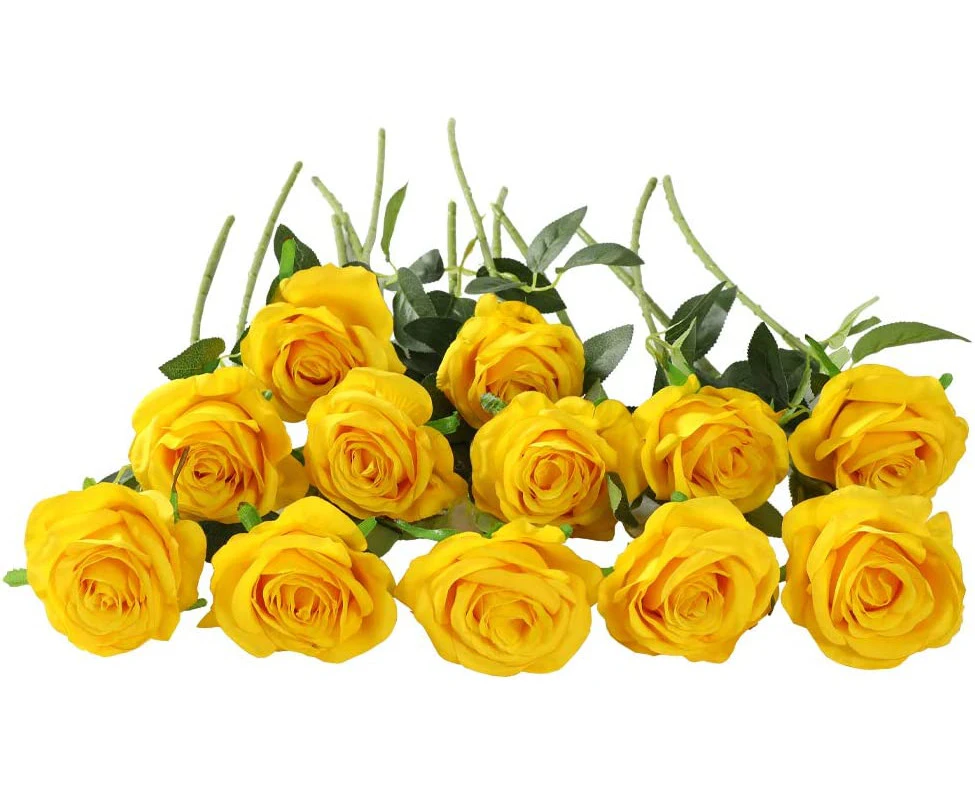 12 PCS Artificial Gold Roses Flowers Long Stem Silk Fake Gold Flower for Home Wedding Decoration (Gold) Yellow