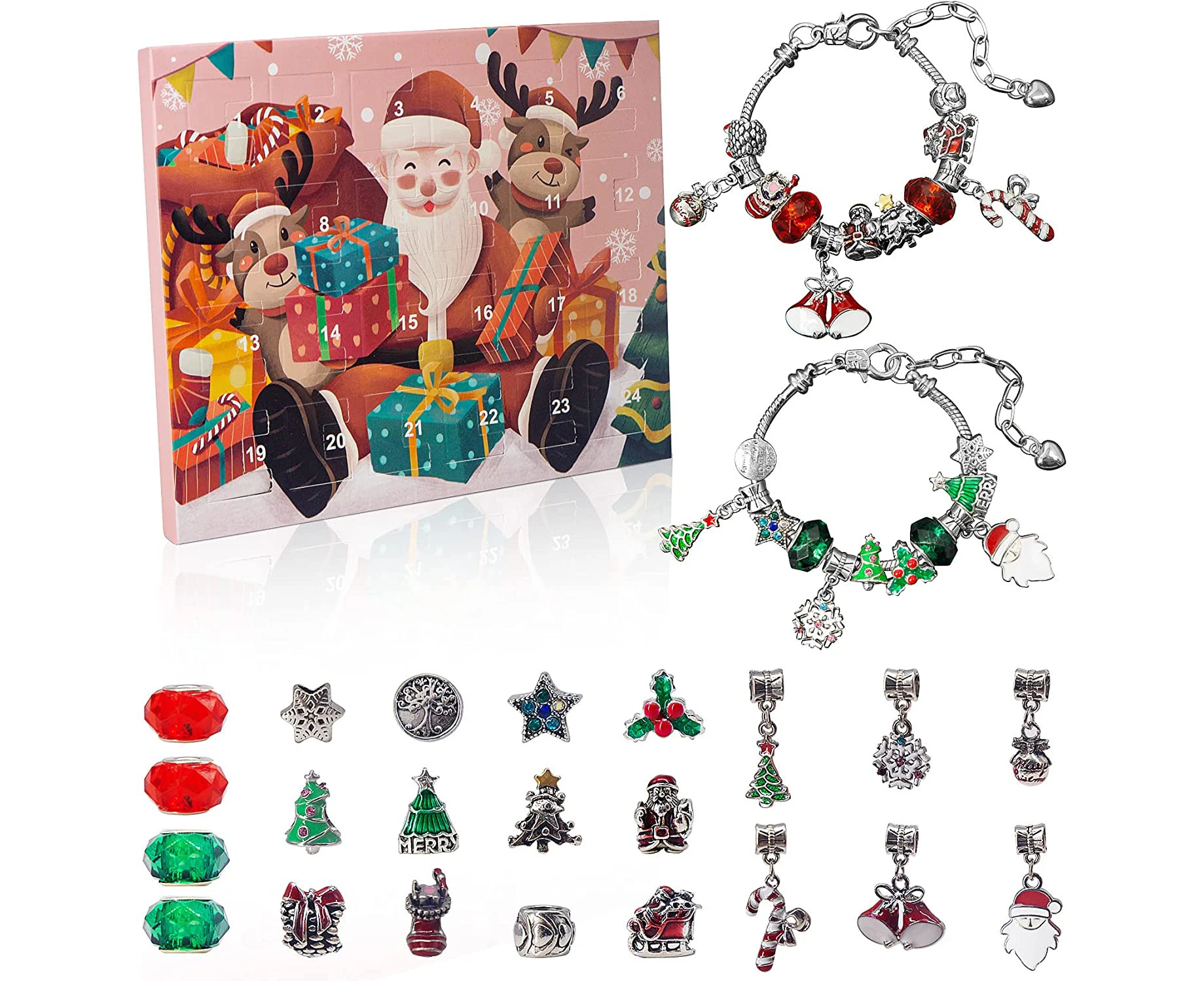 Christmas Advent Calendar DIY Charm Bracelet Jewelry Set Kids Surprise Gift Box