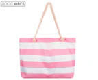 Good Vibes Retro Stripes Jumbo Zip Beach Bag - Blush Pink/White