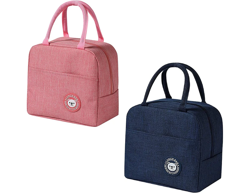 Pink Bear Small Lunch Bags for Women, Portable Insulation Bags, Reusable Lunch Bags, Can be Used for Picnics, Work, etc. (Pink Bear) - Pink+Navy Blue