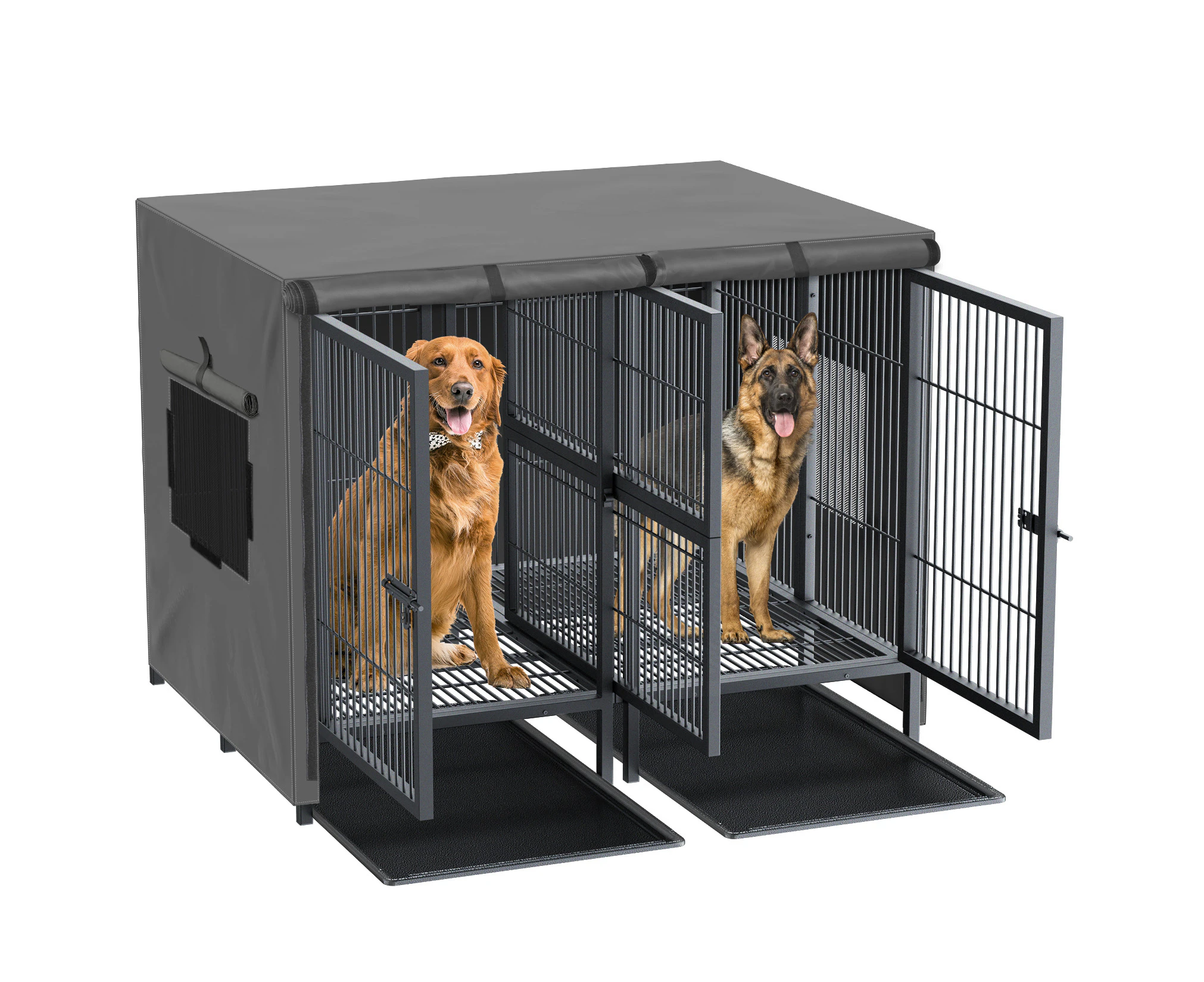 Heavy Duty Metal Double Dog Cage Pet Kennel Crate with Removable Divider and Waterproof Cover