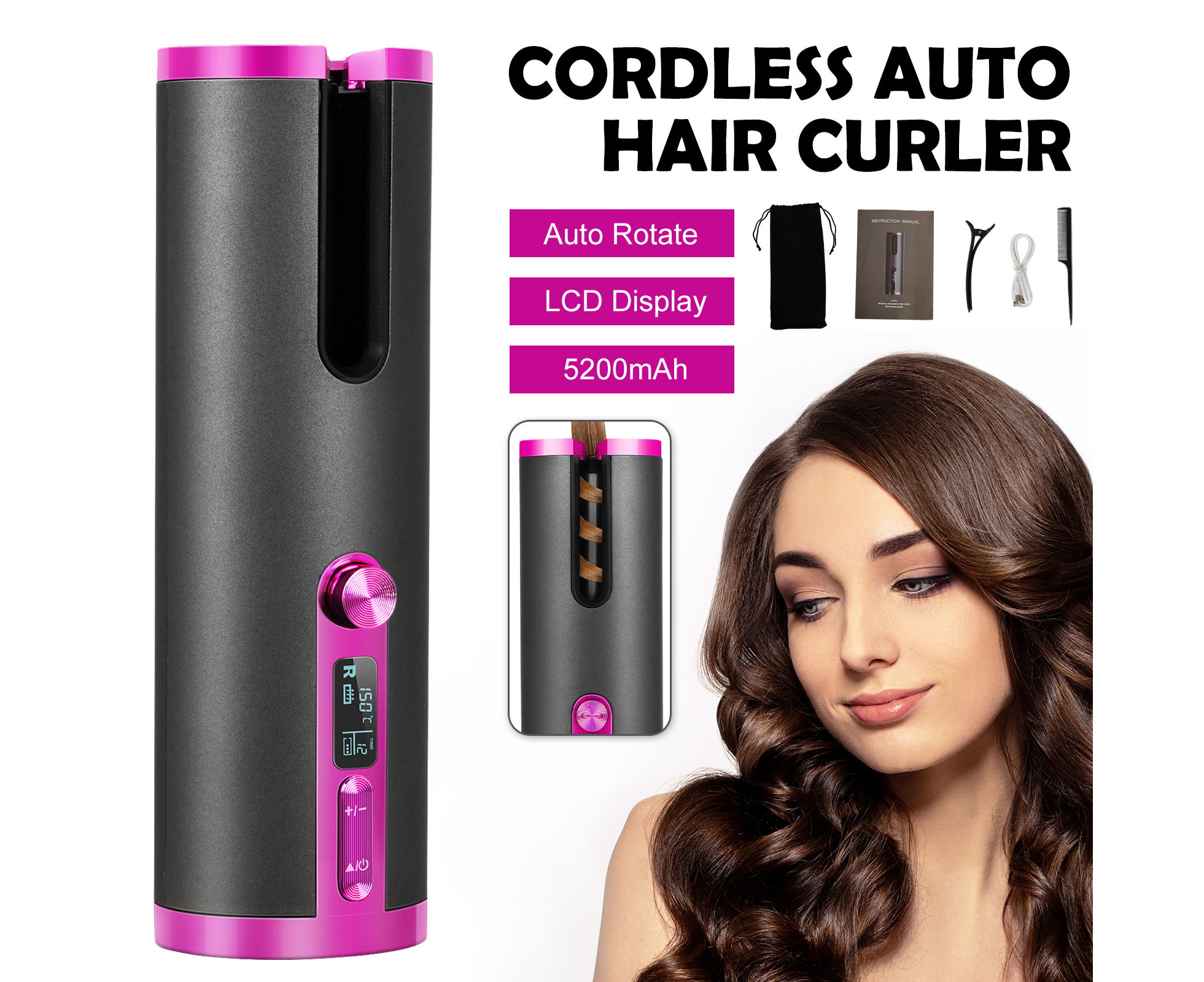 FREE DELIVERY MONTH WARRANTY) Cordless Hair Curler, Anti-Tangle Hair  Curling Auto Iron Curler With Temperature Timer Settings, LCD Display  Rotary On/Off Switch, Portable, Fast Heat With Advanced | Cordless Hair  Curlers, Wireless