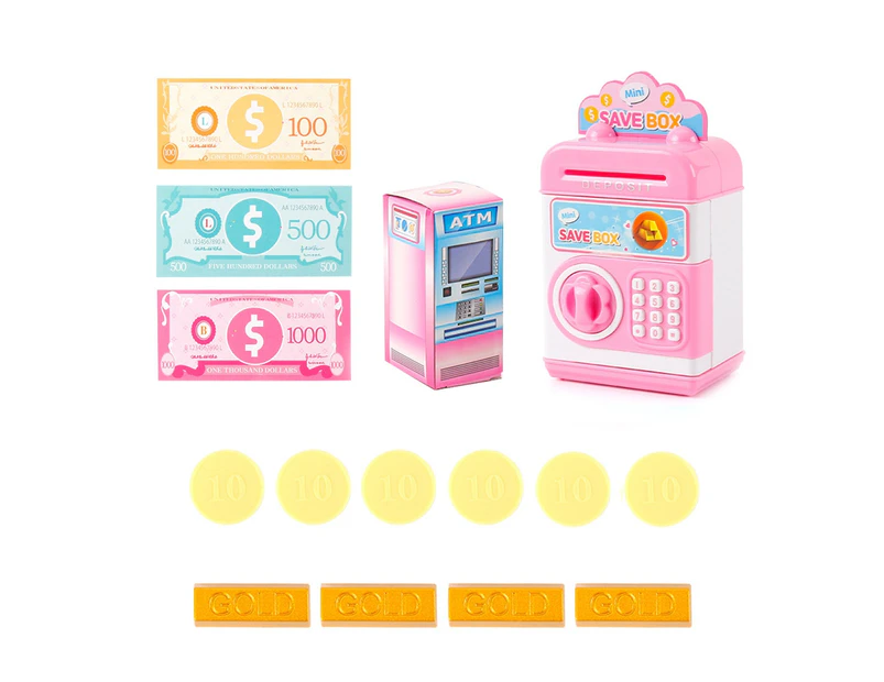 Realistic Mini ATM Piggy Bank Save Box Coin Cash Model Children Pretend Play Toy-Pink