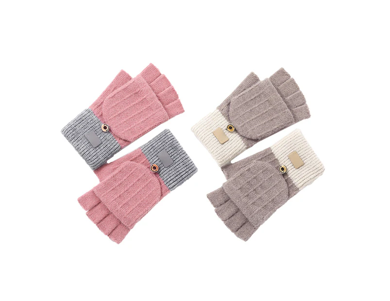 2 Pairs Winter Flip Gloves Convertible Mittens Thick Knitted Half Finger Gloves with Cover,Pink+khaki