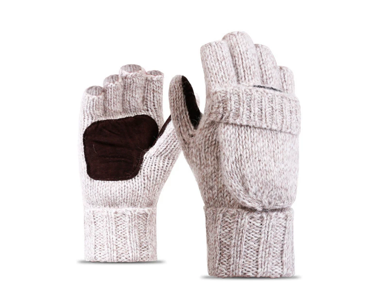 Thermal Insulation Fingerless Texting Wool Gloves Unisex Winter Warm Knitted Convertible Mittens Flap Cover,beige