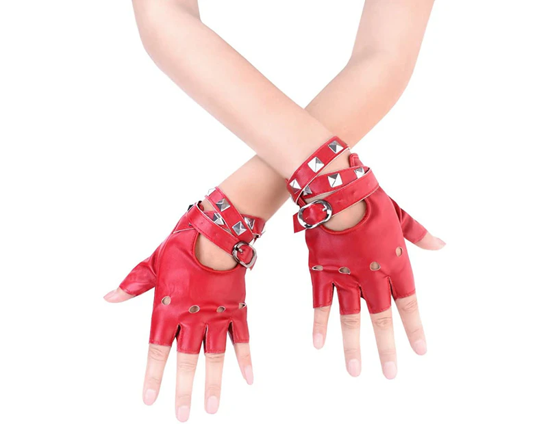 Women PU Leather Punk Gloves Rivets Belt Up or Snap Half Finger Performance Mittens,red