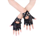 Women PU Leather Punk Gloves Rivets Belt Up or Snap Half Finger Performance Mittens,black