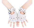 Women PU Leather Punk Gloves Rivets Belt Up or Snap Half Finger Performance Mittens,white