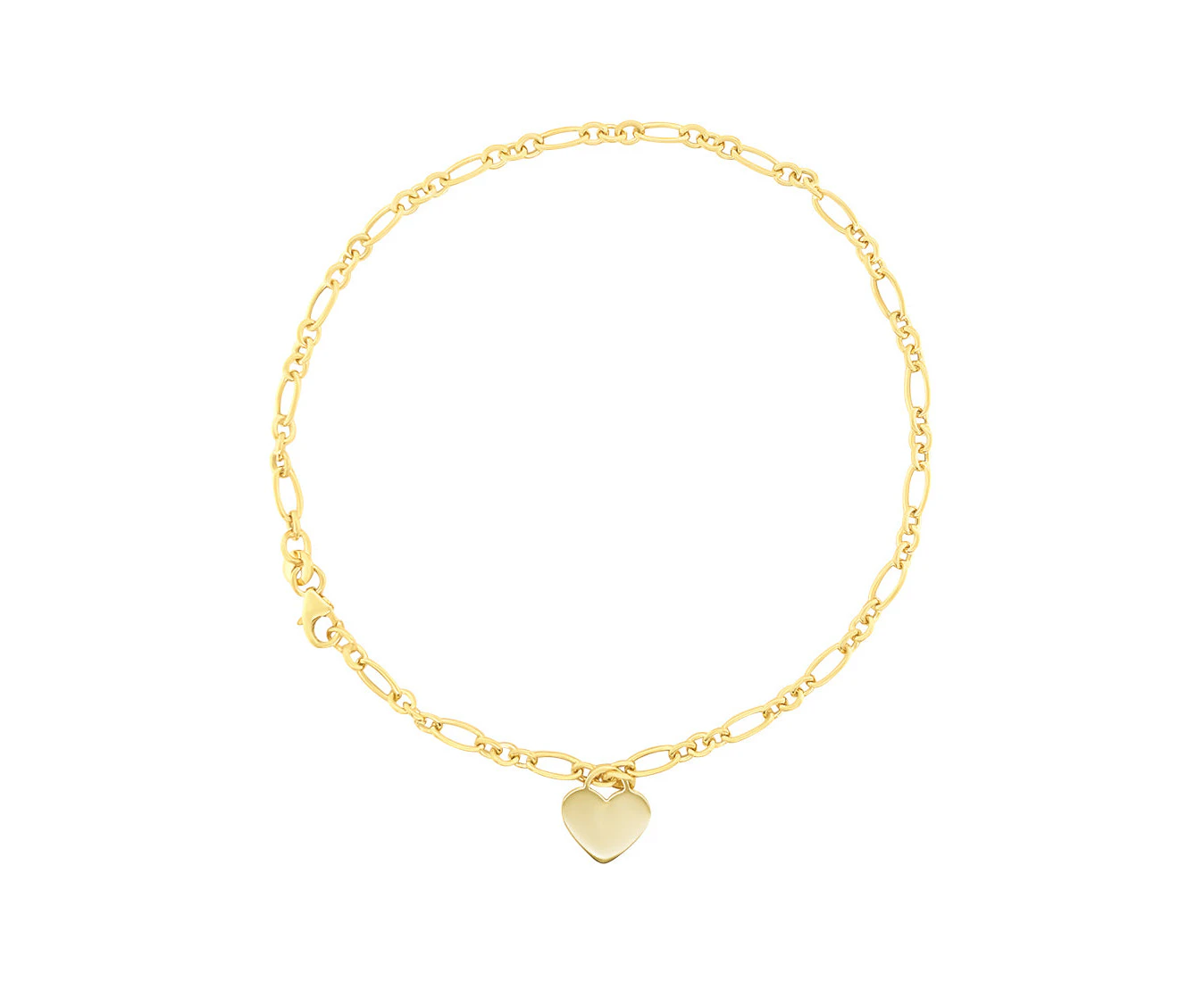 Bevilles Heart Charm Figaro Anklet in 9ct Yellow Gold Silver Infused