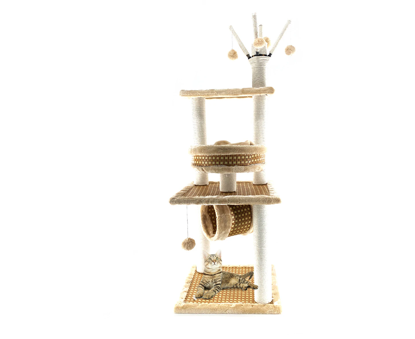 CAT TREE 115cm Bamboo Cubby House Tower Cutie Paws Brand Soft Fabric Pole Scratcher