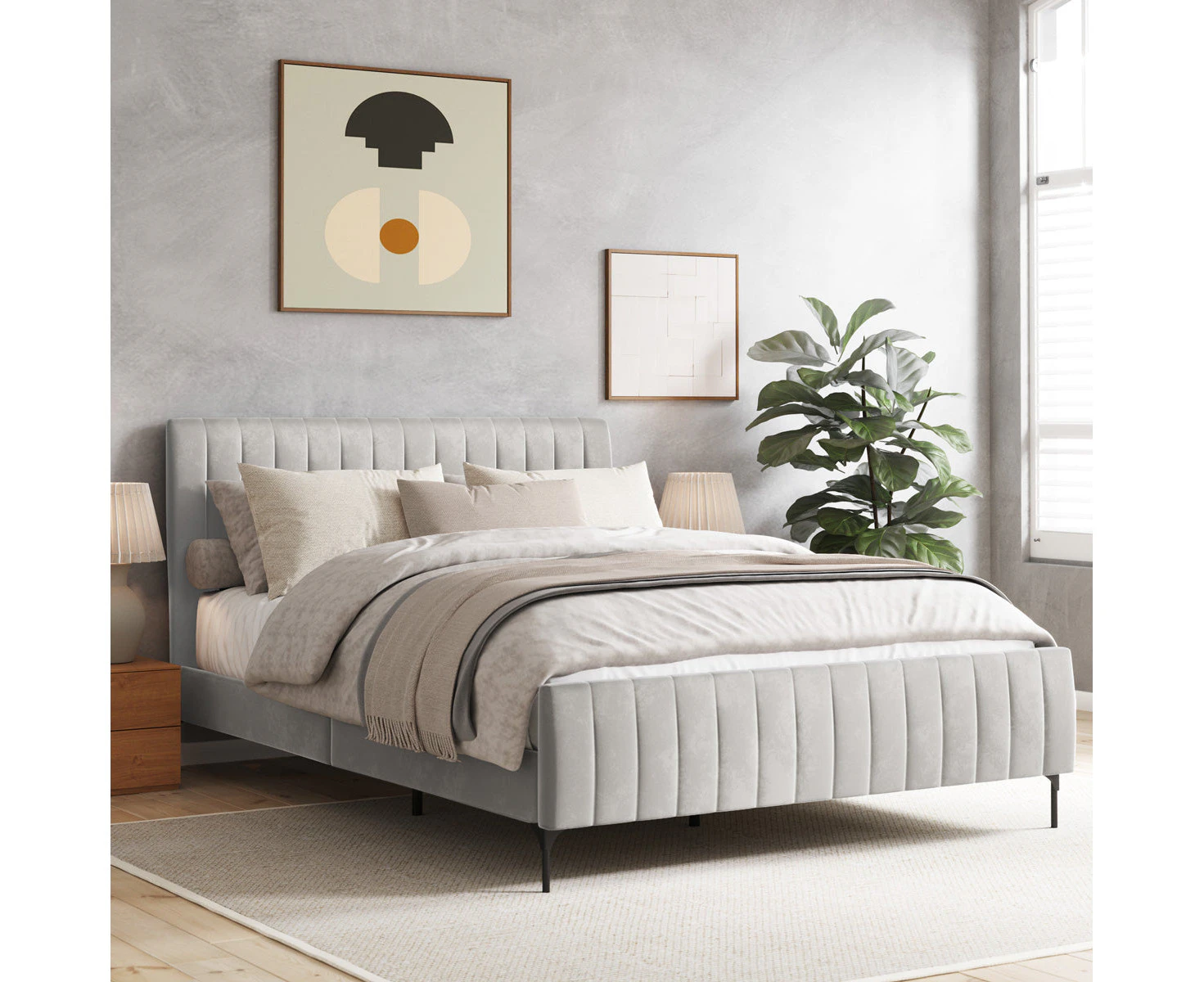 Velvet Fabric Channel Bed Frame in King, Queen and Double Size (Taupe White)