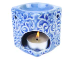 1pce 7.5cm Square Oil Burner with Flower Design Glassed Ceramic - Blue - Blue