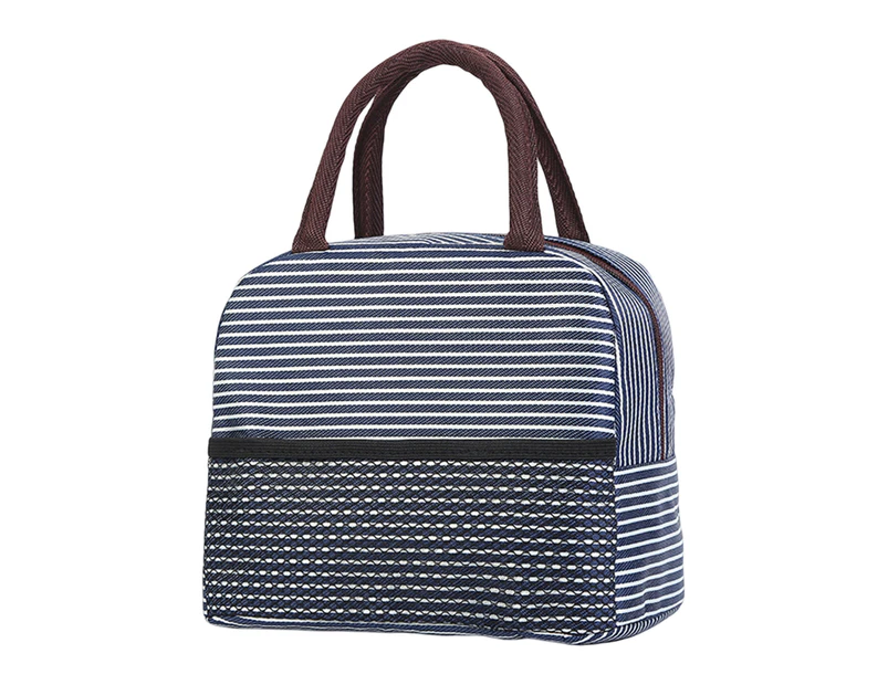Lunch Box Bag High Capacity Striped Fresh-Keeping Heat Preservation Zipper Closure Insulated Lunch Bag for School-Navy Blue